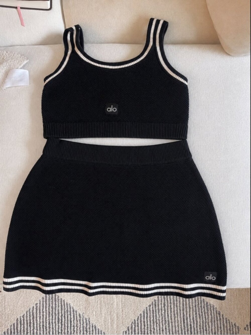 Alo yoga tennis club knit skirt and bra set